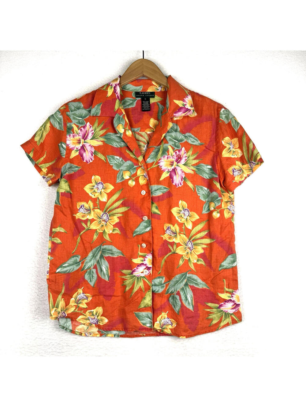 Ralph Lauren Womens Small 100% Linen Orange Floral Button Up Shirt Vacation